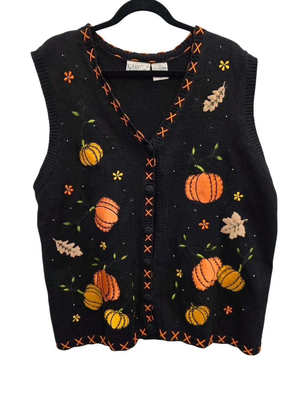 Vintage 90s Basic Editions 2X Halloween Black Sweater Vest Fall Pumpkins